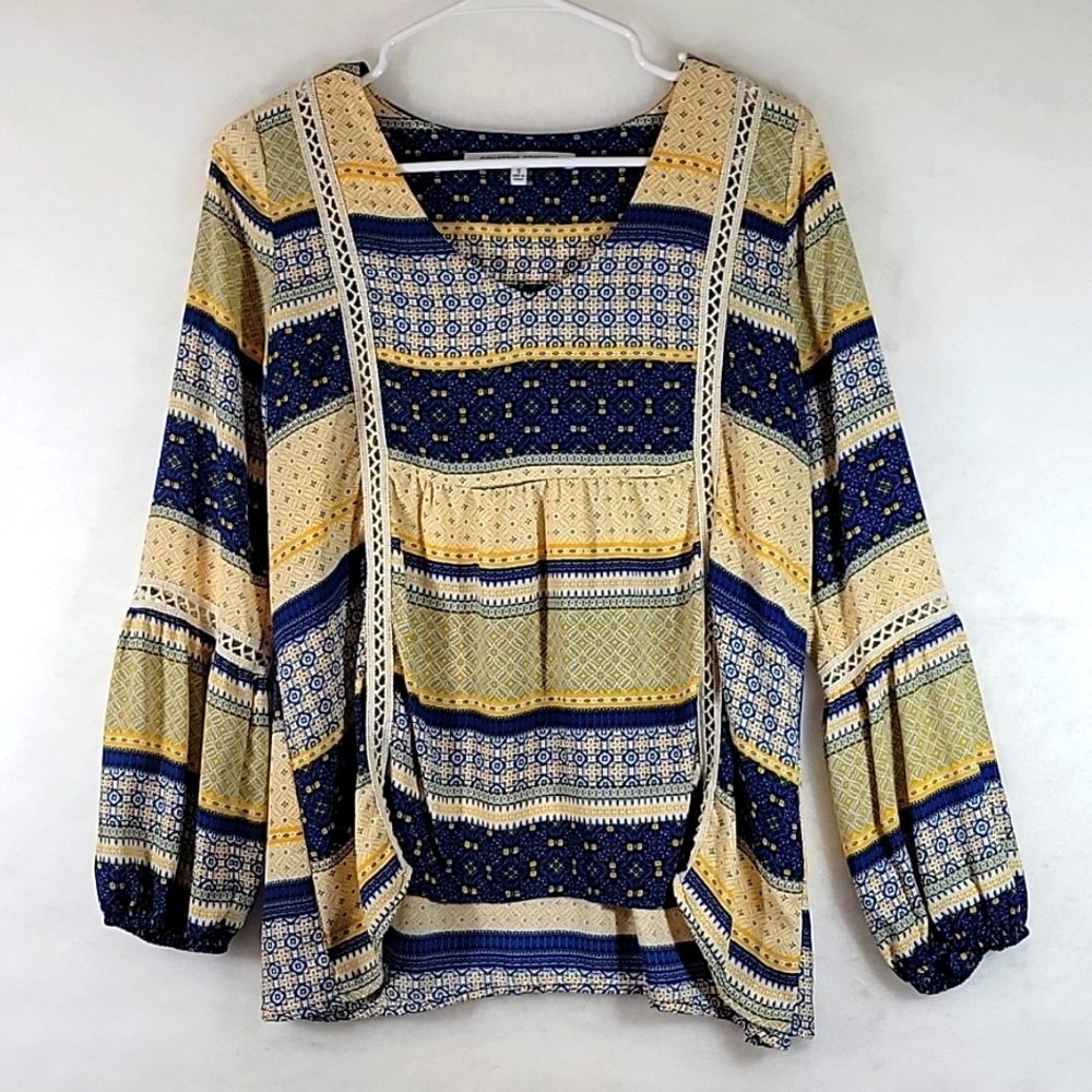 Collective Concepts Crochet Trimmed Boho Peasant Long Sleeve Blouse Size S